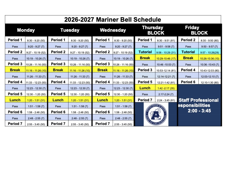 Aptos High 2026-2027 Bell Schedule 